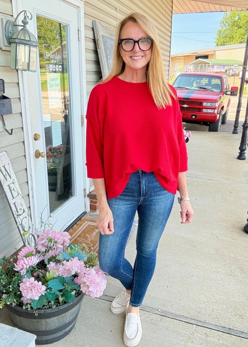 Waffle Knit 3/4 Sleeve Top - Red | Zenana - Casual Top -Jimberly's Boutique-Olive Branch-Mississippi