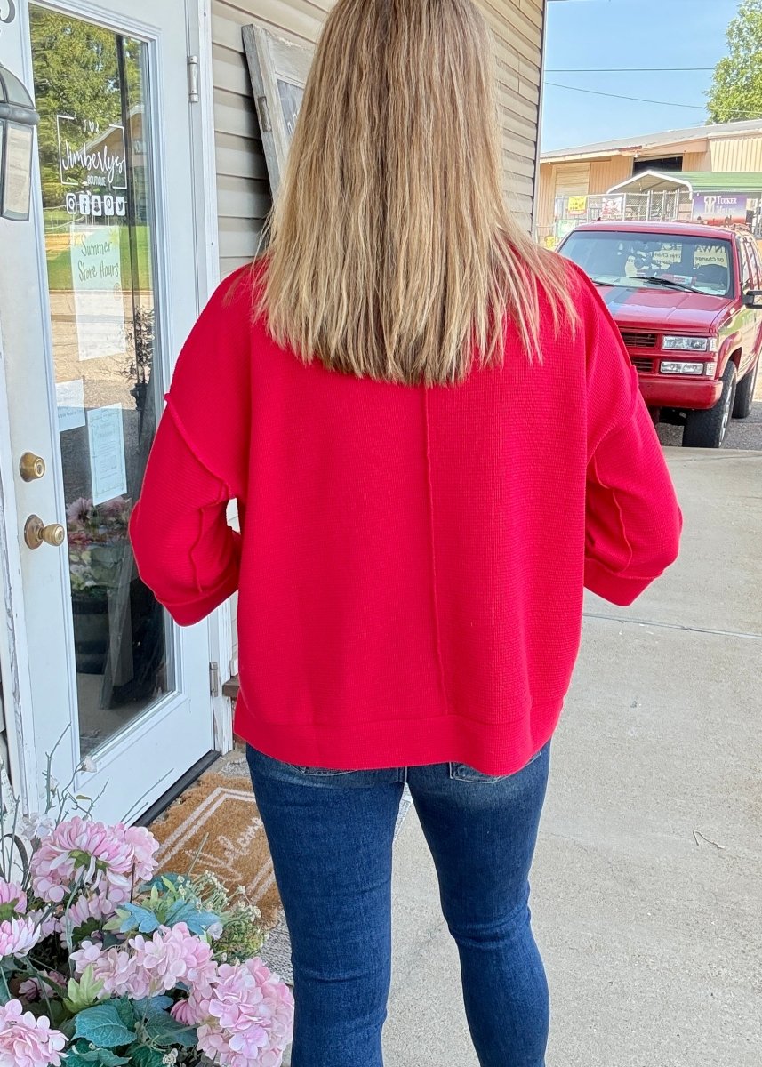 Waffle Knit 3/4 Sleeve Top - Red | Zenana - Casual Top -Jimberly's Boutique-Olive Branch-Mississippi