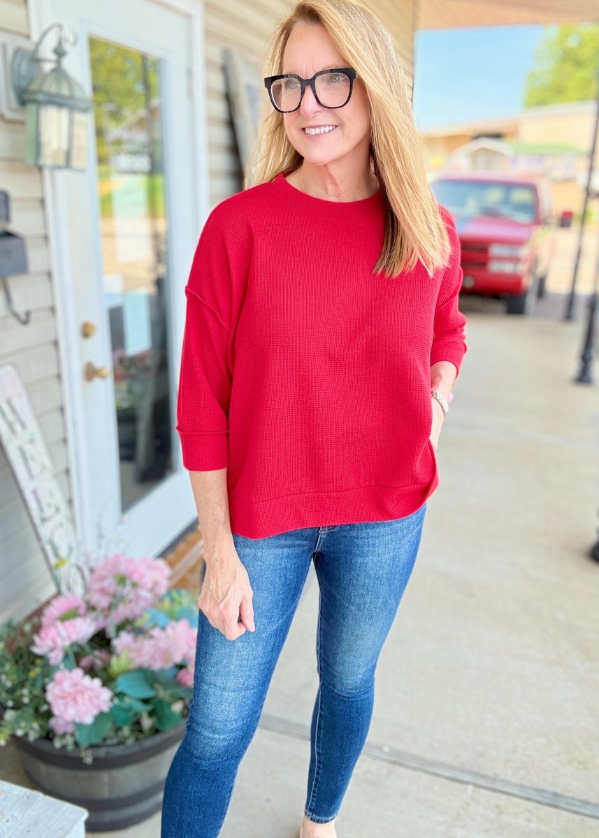 Waffle Knit 3/4 Sleeve Top - Red | Zenana - Casual Top -Jimberly's Boutique-Olive Branch-Mississippi