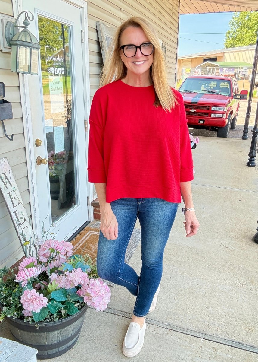 Waffle Knit 3/4 Sleeve Top - Red | Zenana - Casual Top -Jimberly's Boutique-Olive Branch-Mississippi