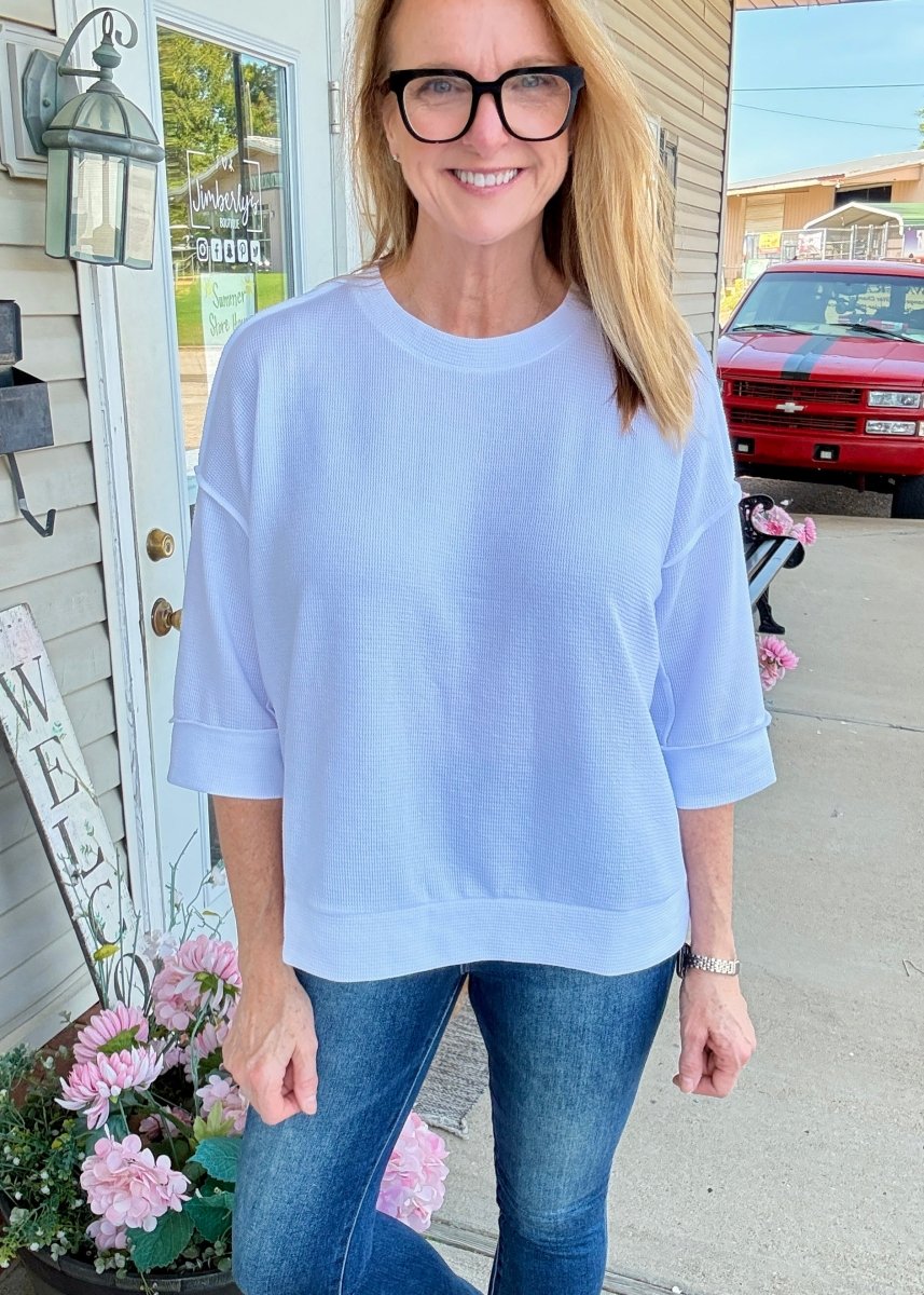 Waffle Knit 3/4 Sleeve Top - White | Zenana - Casual Top -Jimberly's Boutique-Olive Branch-Mississippi