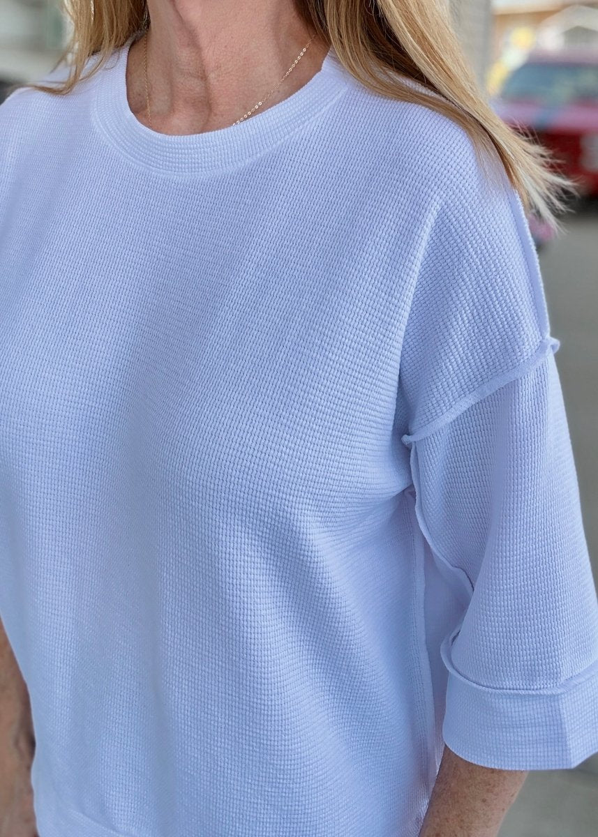 Waffle Knit 3/4 Sleeve Top - White | Zenana - Casual Top -Jimberly's Boutique-Olive Branch-Mississippi