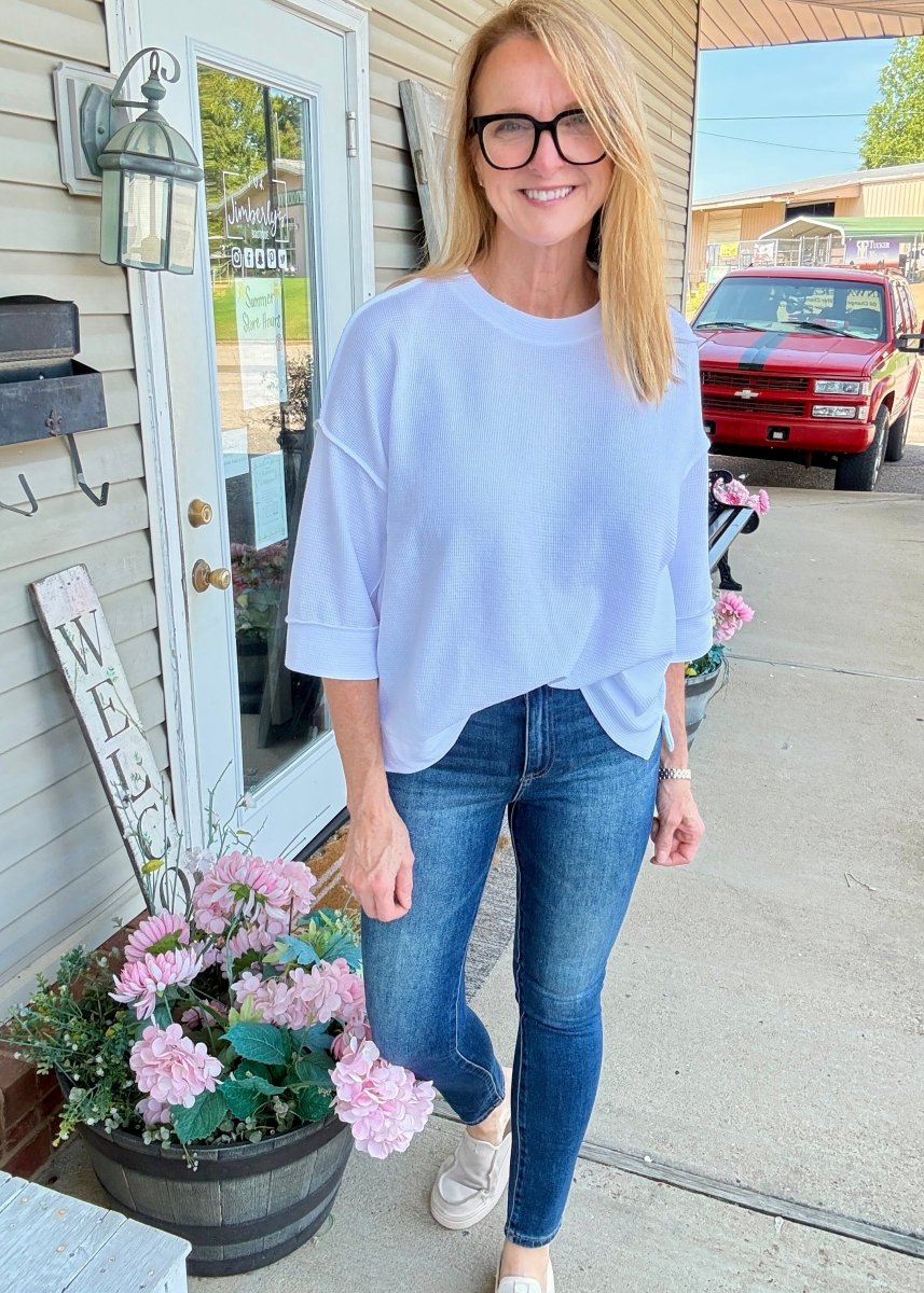 Waffle Knit 3/4 Sleeve Top - White | Zenana - Casual Top -Jimberly's Boutique-Olive Branch-Mississippi