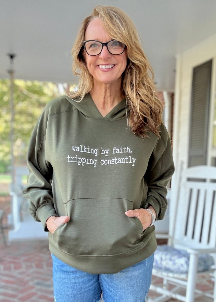 Walking By Faith Embroidered Hoodie - Olive | Dear Scarlett - hoodie - Jimberly's Boutique - Olive Branch - Mississippi