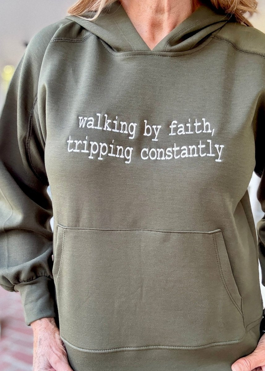 Walking By Faith Embroidered Hoodie - Olive | Dear Scarlett - hoodie - Jimberly's Boutique - Olive Branch - Mississippi
