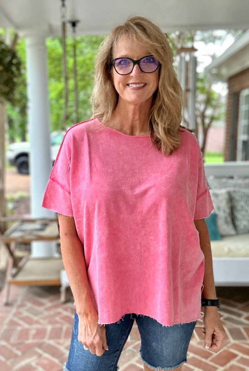 Washed French Terry Drop Shoulder Top | Zenana - Fuchsia - Casual Top -Jimberly's Boutique-Olive Branch-Mississippi
