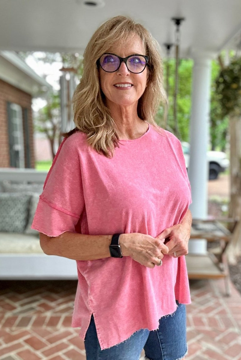 Washed French Terry Drop Shoulder Top | Zenana - Fuchsia - Casual Top -Jimberly's Boutique-Olive Branch-Mississippi