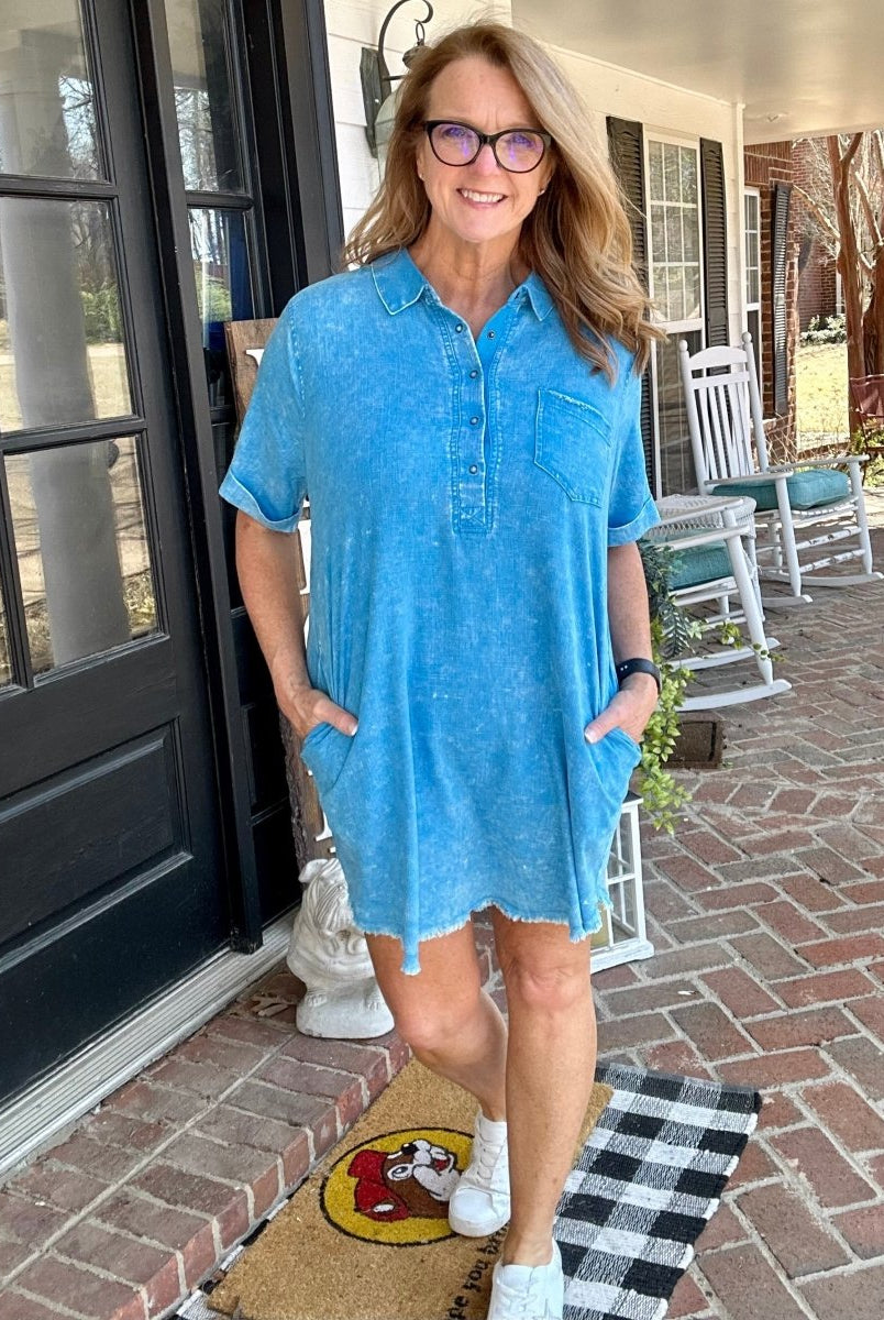 Washed Linen| Raw Edge Dress | Deep Sky - Casual Dress -Jimberly's Boutique-Olive Branch-Mississippi