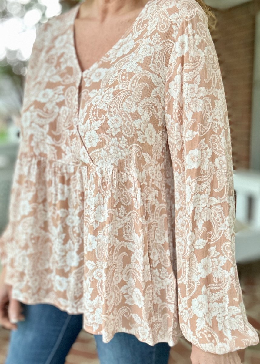 Whisked Away Floral V Neck Peplum Top - Peach - Shirts & Tops - Jimberly's Boutique - Olive Branch - Mississippi