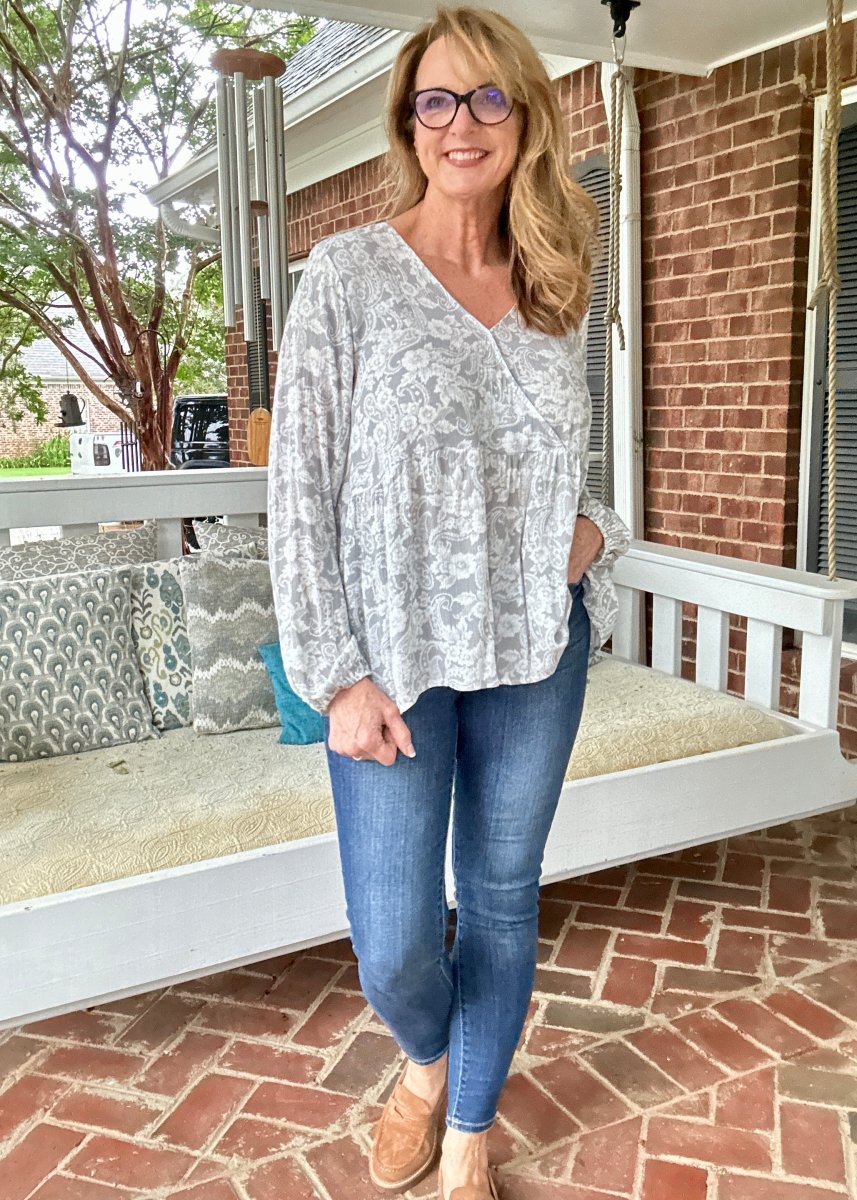 Whisked Away Floral V Neck Peplum Top - Silver - Shirts & Tops - Jimberly's Boutique - Olive Branch - Mississippi