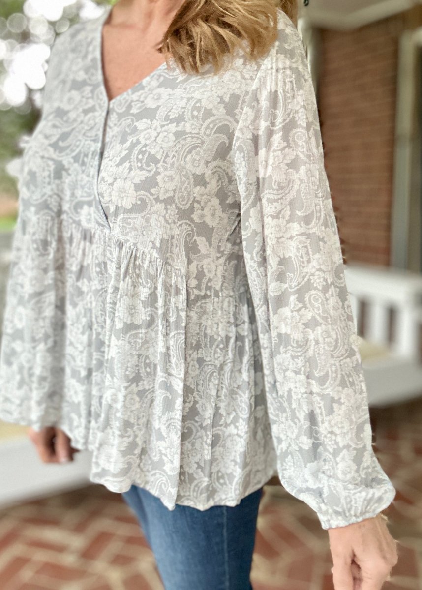 Whisked Away Floral V Neck Peplum Top - Silver - Shirts & Tops - Jimberly's Boutique - Olive Branch - Mississippi