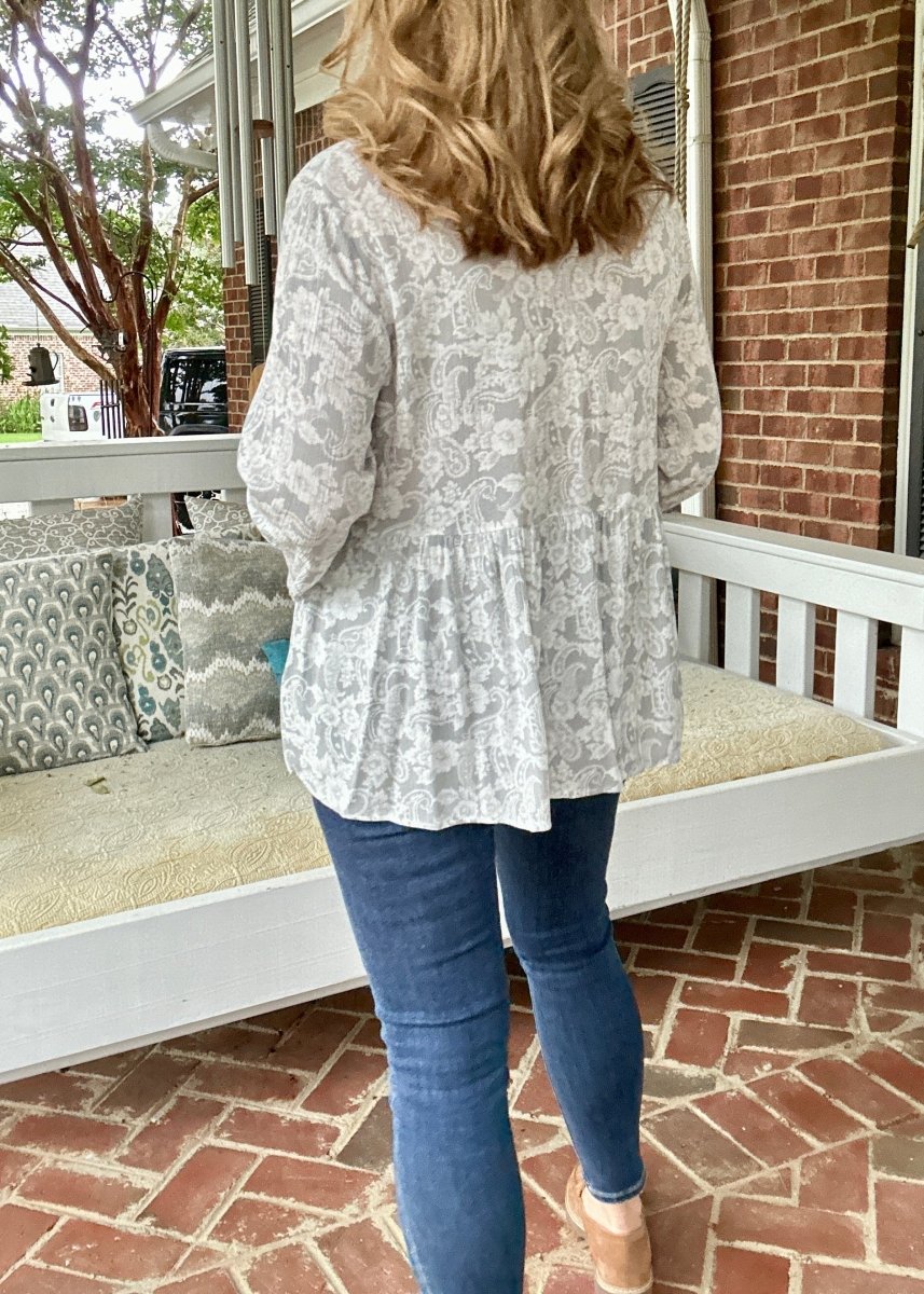 Whisked Away Floral V Neck Peplum Top - Silver - Shirts & Tops - Jimberly's Boutique - Olive Branch - Mississippi