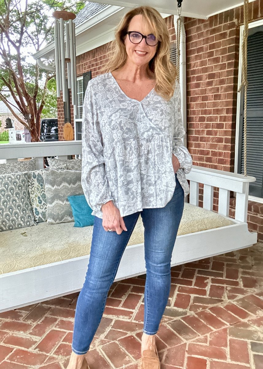 Whisked Away Floral V Neck Peplum Top - Silver - Shirts & Tops - Jimberly's Boutique - Olive Branch - Mississippi