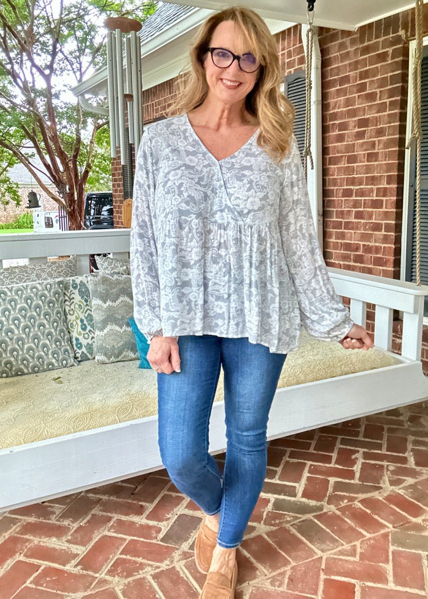 Whisked Away Floral V Neck Peplum Top - Silver - Shirts & Tops - Jimberly's Boutique - Olive Branch - Mississippi
