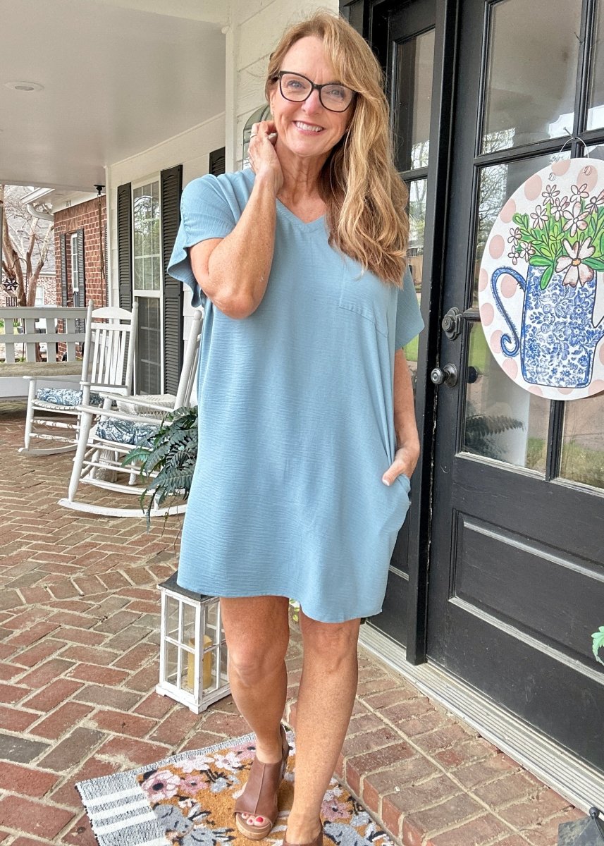 Woven Airflow T Shirt Dress Blue Grey – Jimberly's Boutique