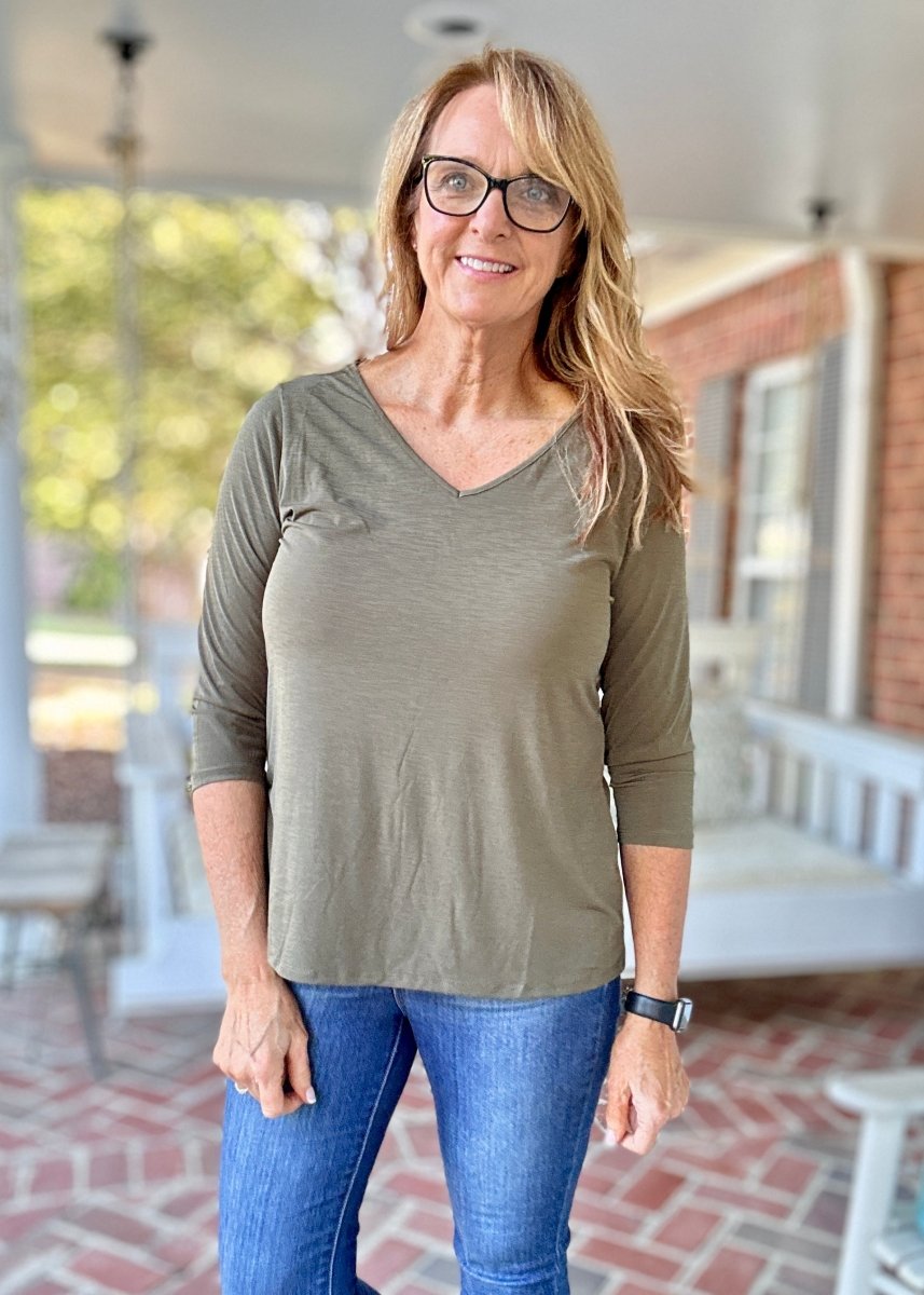 Wrinkle Free V Neck Top - Olive | Dear Scarlett - Dear Scarlett Wrinkle Free Top - Jimberly's Boutique - Olive Branch - Mississippi
