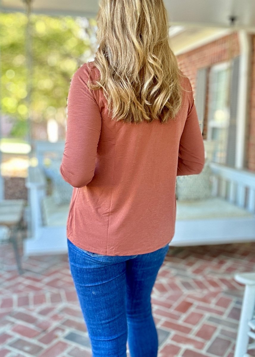 Wrinkle Free V Neck Top - Rust | Dear Scarlett - Dear Scarlett Wrinkle Free Top - Jimberly's Boutique - Olive Branch - Mississippi
