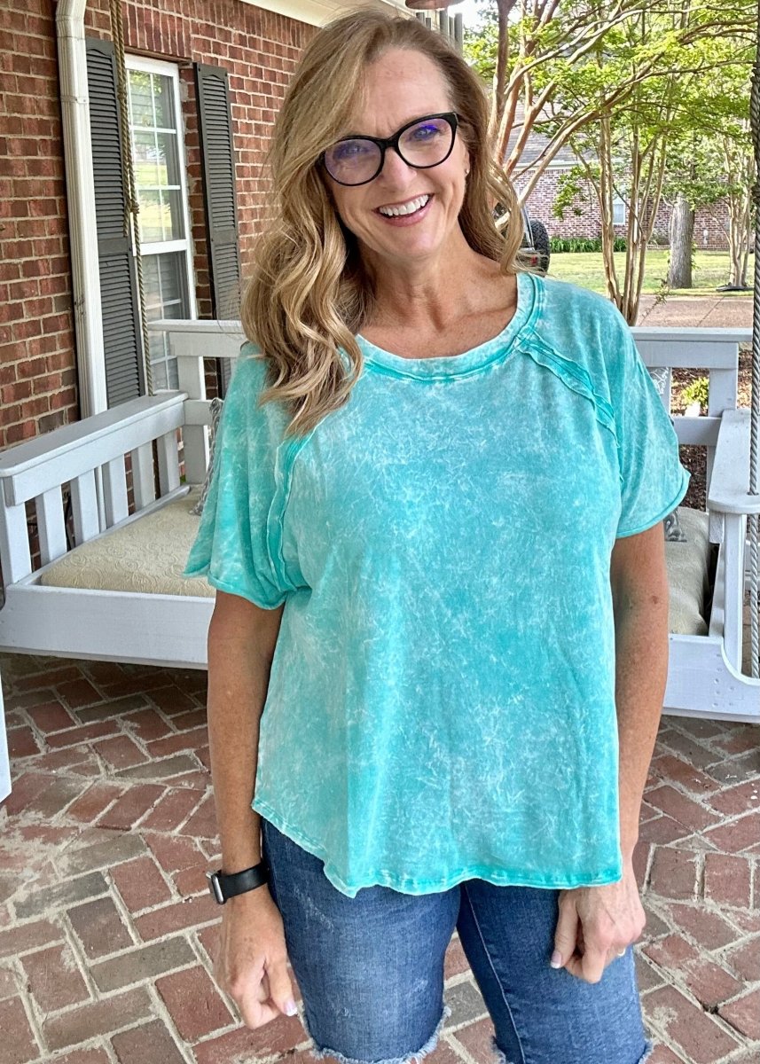 Zoey Acid Wash Top | Zenana - Turquoise - Casual Top -Jimberly's Boutique-Olive Branch-Mississippi