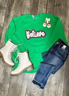 Believe Double Applique' Sweatshirt - Green - Graphic Tee -Jimberly's Boutique-Olive Branch-Mississippi