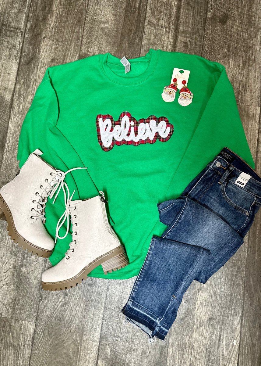 Believe Double Applique' Sweatshirt - Green - Graphic Tee -Jimberly's Boutique-Olive Branch-Mississippi