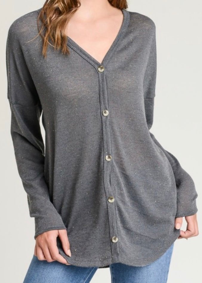 Bernie Button Front Sweater Top - Charcoal - Cardigan - Jimberly's Boutique