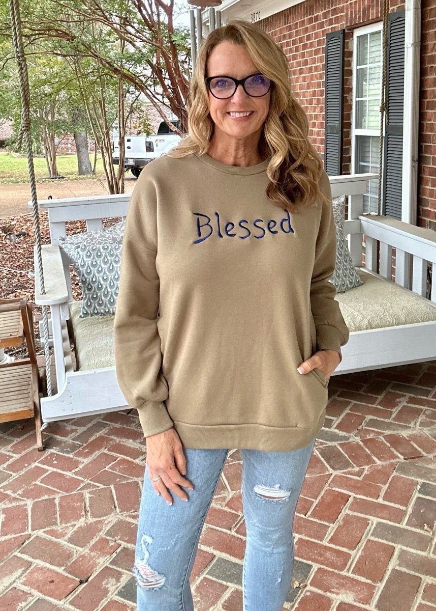 Blessed | Embroidered | Khaki | Sweatshirt | Pockets - Casual Sweatshirt - Jimberly's Boutique