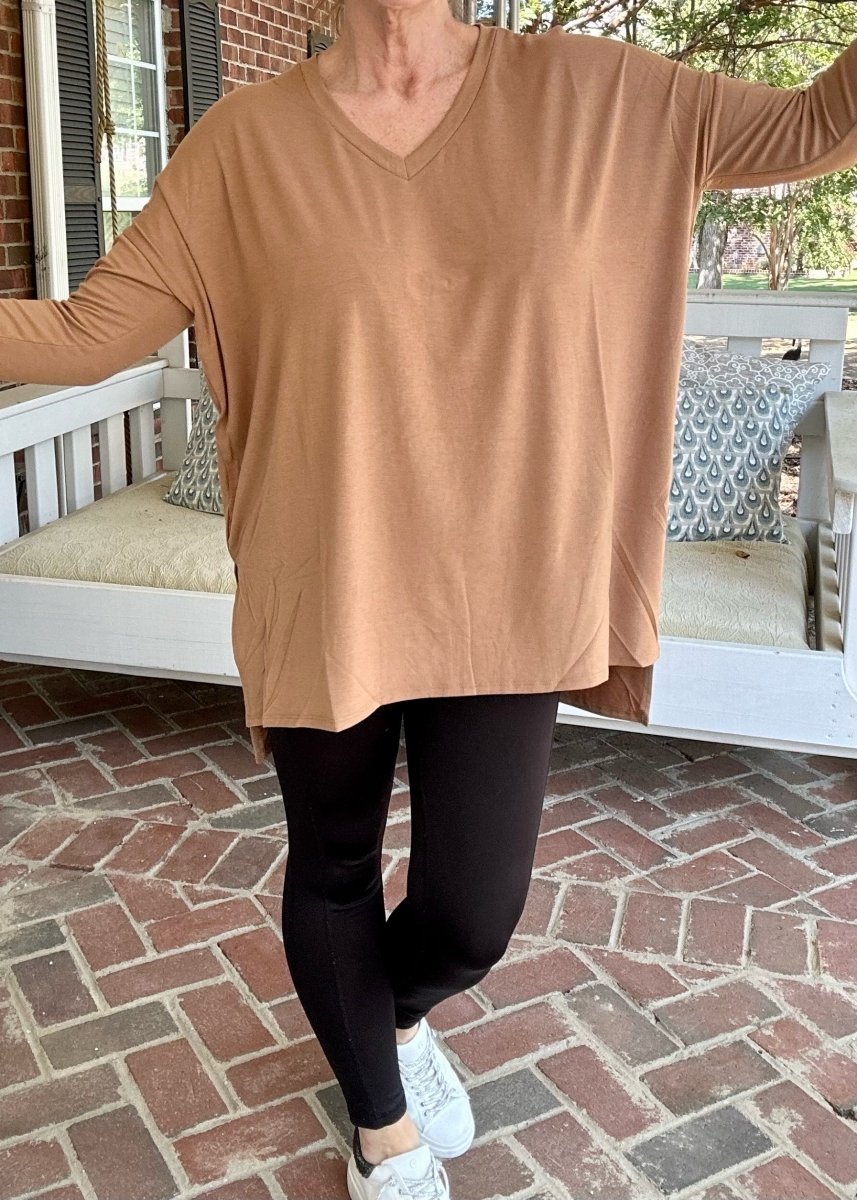 Brooklyn | Deep Camel |Dolman Long Sleeve | V Neck | Side Slit | Hi-Lo Hem Top | Olive Branch | MS - Dolman Long Sleeve V-Neck - Jimberly's Boutique