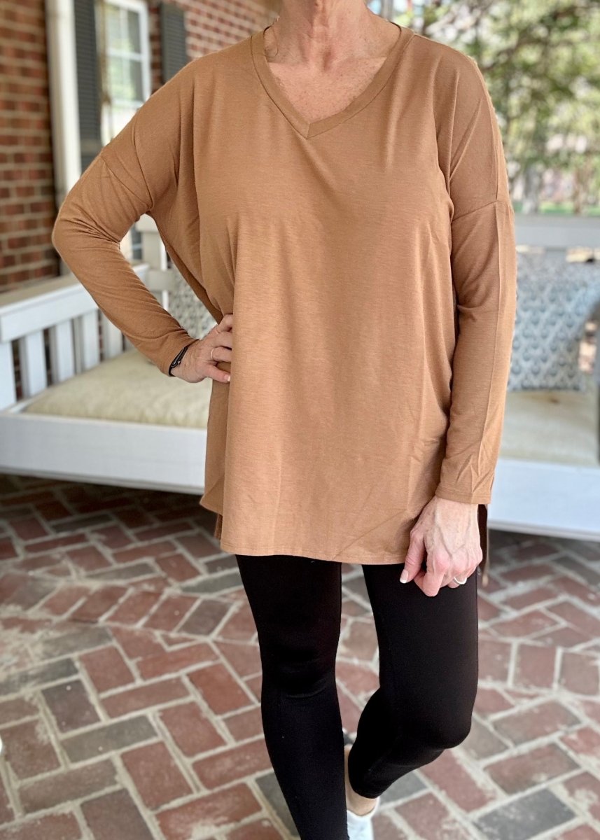 Brooklyn | Deep Camel |Dolman Long Sleeve | V Neck | Side Slit | Hi-Lo Hem Top | Olive Branch | MS - Dolman Long Sleeve V-Neck - Jimberly's Boutique