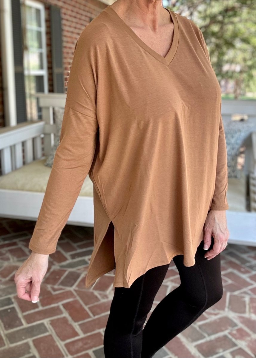 Brooklyn | Deep Camel |Dolman Long Sleeve | V Neck | Side Slit | Hi-Lo Hem Top | Olive Branch | MS - Dolman Long Sleeve V-Neck - Jimberly's Boutique