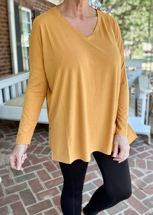 Brooklyn | Golden Mustard | Lightweight| Dolman Long Sleeve | V Neck | Olive Branch | MS - Dolman Long Sleeve V-Neck - Jimberly's Boutique
