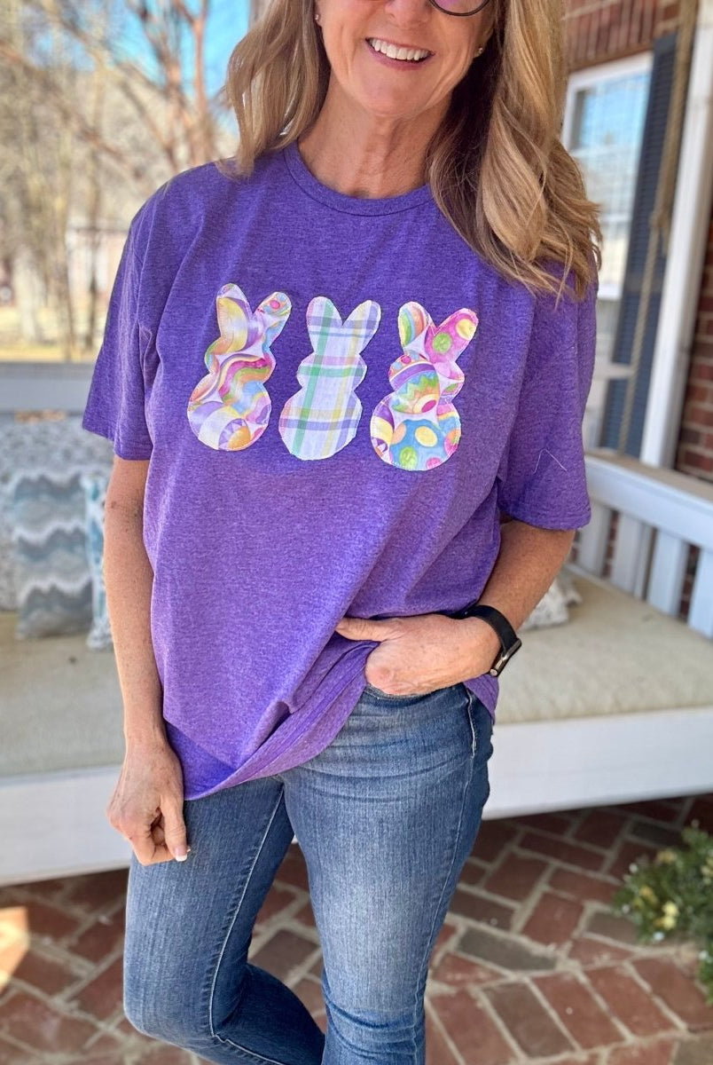 Bunny Trio Embroidered Appliqué Crew Neck Tee - Graphic Tee -Jimberly's Boutique-Olive Branch-Mississippi