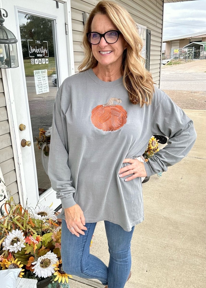 Cable Knit | Satin Stitch | Pumpkin | Fall | Embroidered | Grey Comfort Colors | Long Sleeve Tee - Embroidered Comfort Colors -Jimberly's Boutique-Olive Branch-Mississippi