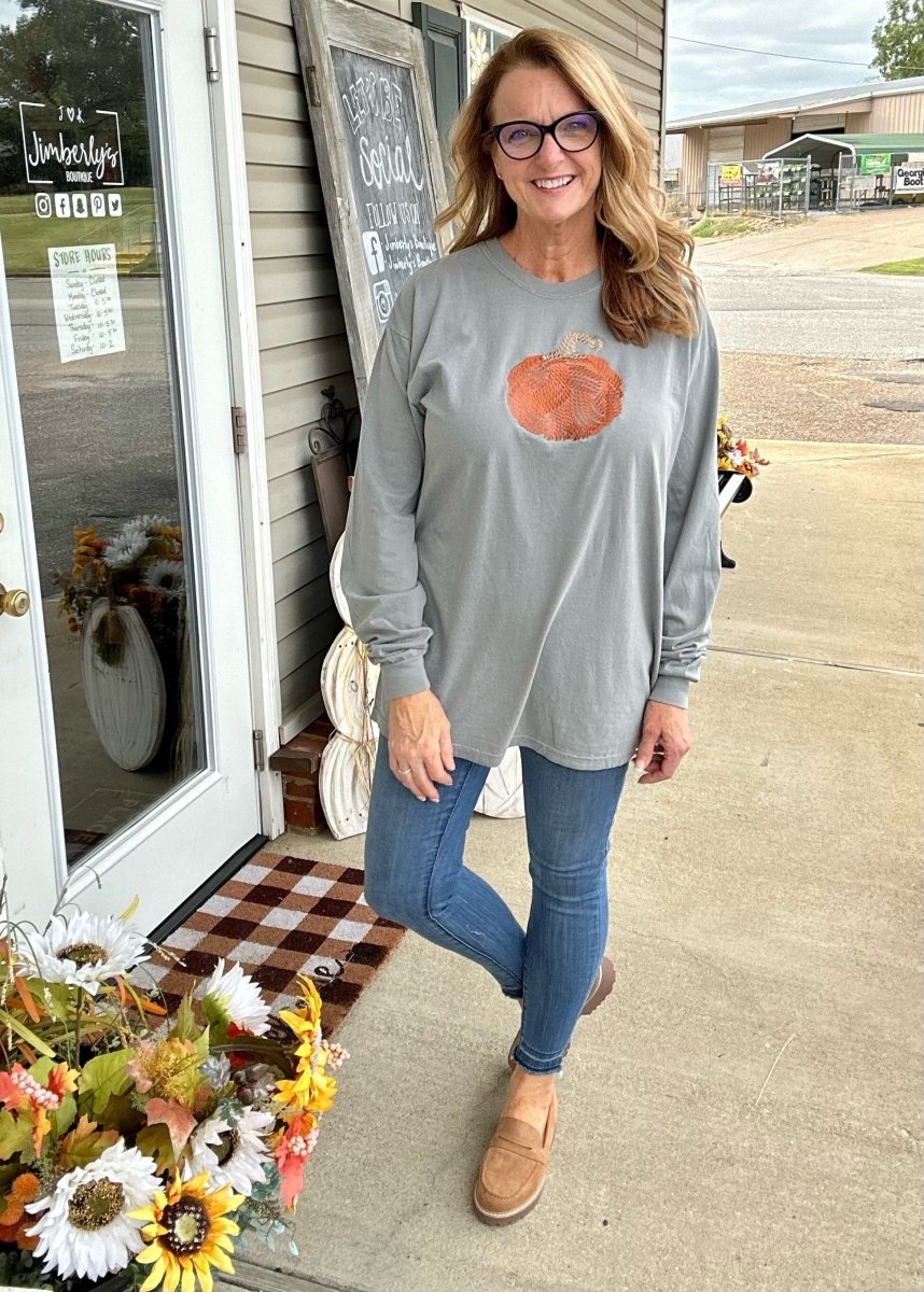 Cable Knit | Satin Stitch | Pumpkin | Fall | Embroidered | Grey Comfort Colors | Long Sleeve Tee - Embroidered Comfort Colors -Jimberly's Boutique-Olive Branch-Mississippi