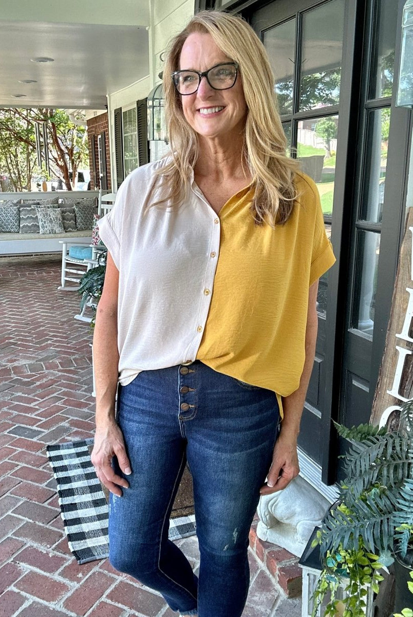 Carly Color Block Button Front Top - Oatmeal/Mustard - Shirts & Tops -Jimberly's Boutique-Olive Branch-Mississippi