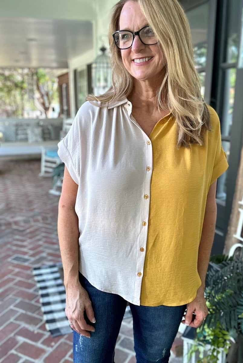 Carly Color Block Button Front Top - Oatmeal/Mustard - Shirts & Tops -Jimberly's Boutique-Olive Branch-Mississippi