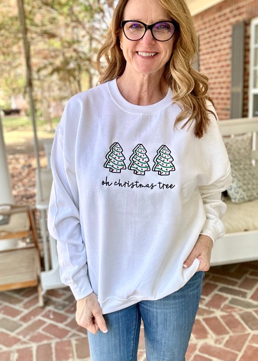Christmas Cake Oh Christmas Tree Embroidered Sweatshirt - White - Embroidered Sweatshirt - Jimberly's Boutique