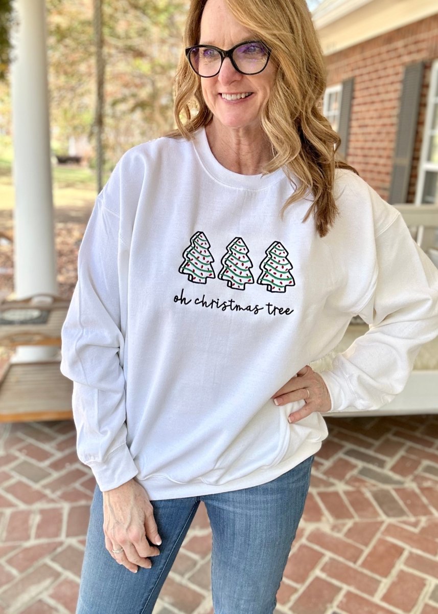Christmas Cake Oh Christmas Tree Embroidered Sweatshirt - White - Embroidered Sweatshirt - Jimberly's Boutique