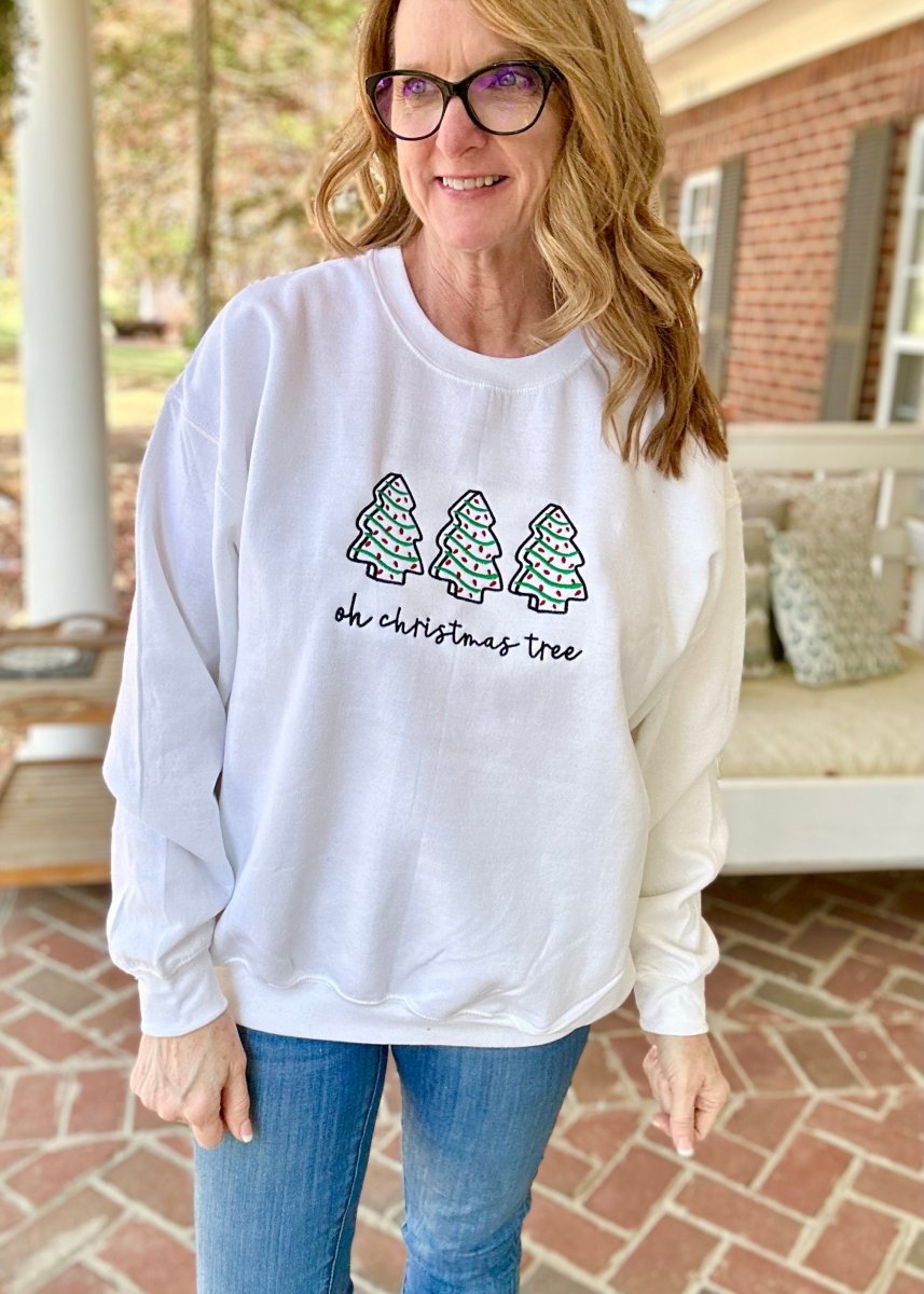 Christmas Cake Oh Christmas Tree Embroidered Sweatshirt - White - Embroidered Sweatshirt - Jimberly's Boutique