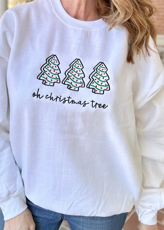 Christmas Cake Oh Christmas Tree Embroidered Sweatshirt - White - Embroidered Sweatshirt - Jimberly's Boutique