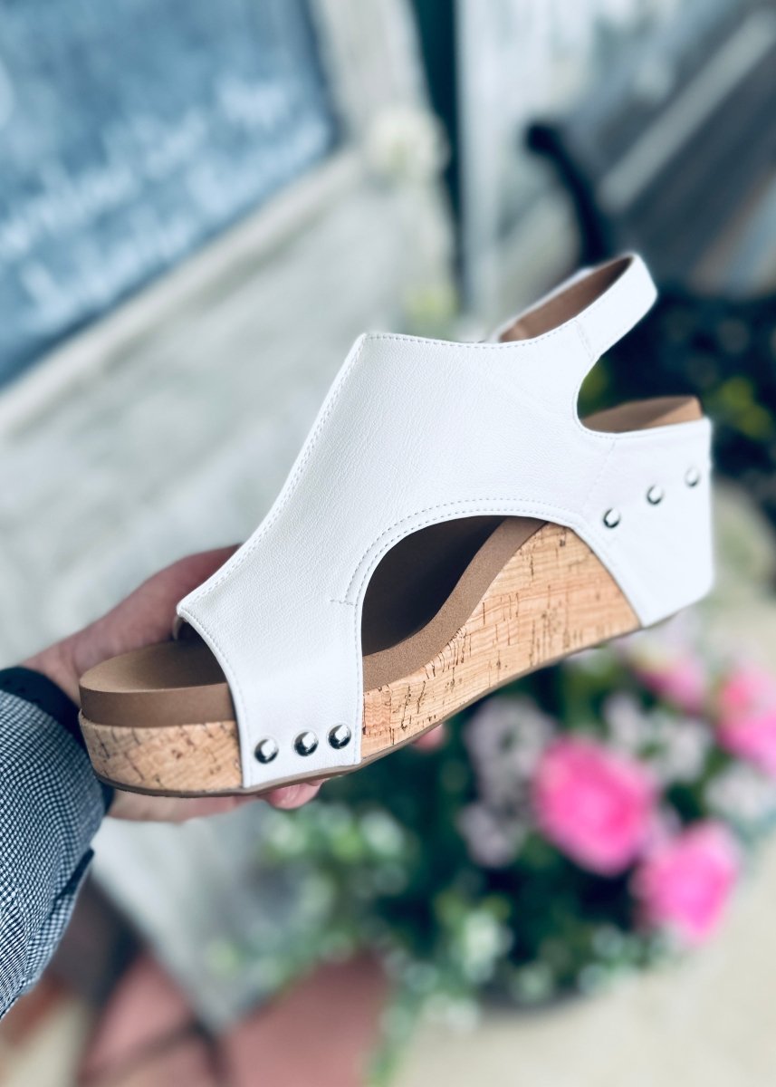Corkys Carley Wedges in TAN WHITE STRIPE