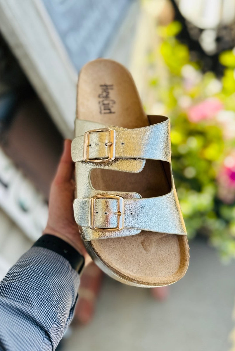 Corkys | Wannabe | Platform Slide Sandals | Gold Crinkle Metallic - Corkys Sandals -Jimberly's Boutique-Olive Branch-Mississippi
