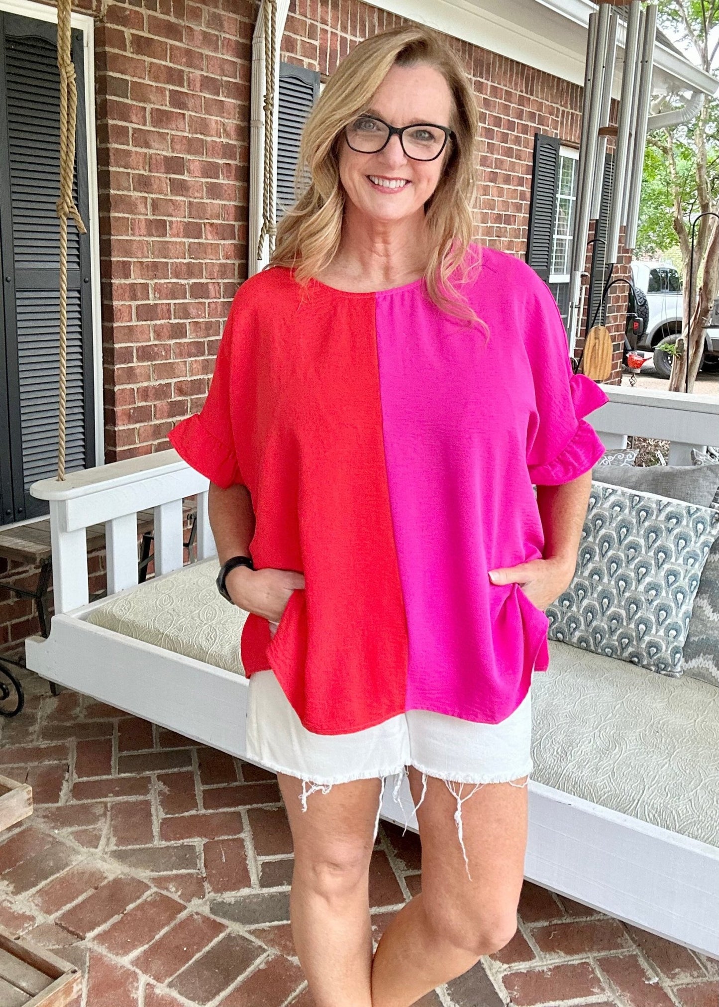 Cotton Bleu Sure Thing Colorblock Top - Fuchsia/Hot Coral - Jimberly's Boutique