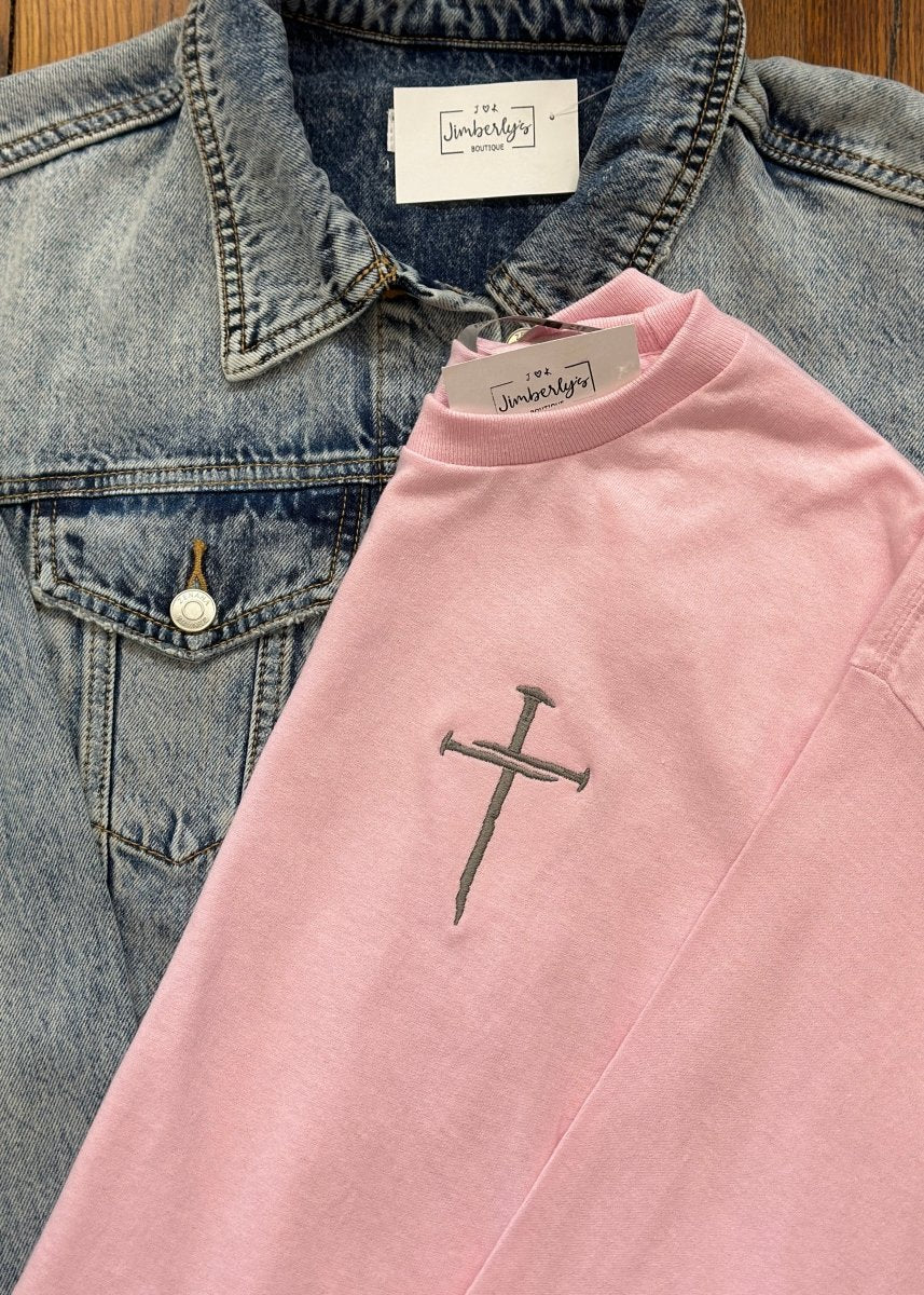 Cross of Nails | Embroidered | Long Sleeve | Light Pink - Embroidered Comfort Colors -Jimberly's Boutique-Olive Branch-Mississippi