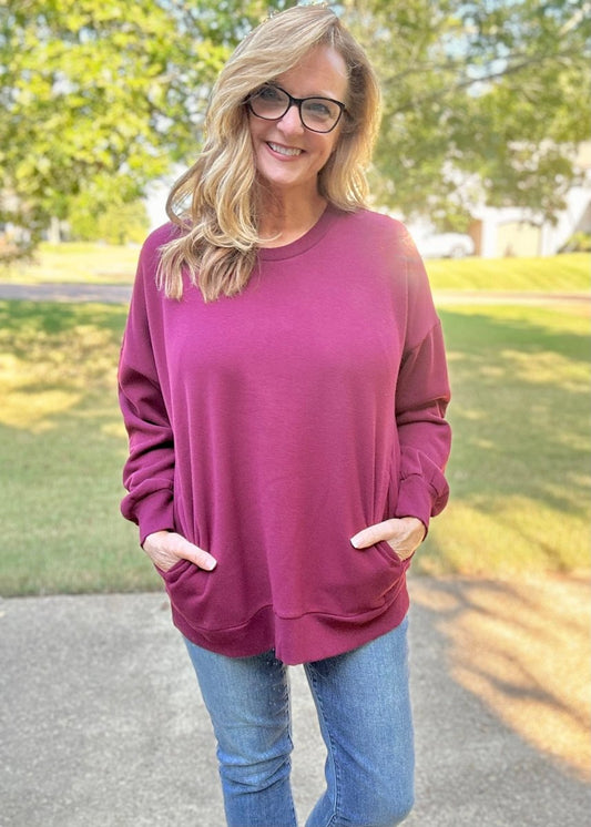 Dark Burgundy Plus Sizes Round Neck Sweatshirts With Side Pockets - Jimberly's Deals - Casual Sweatshirt - Jimberly's Boutique