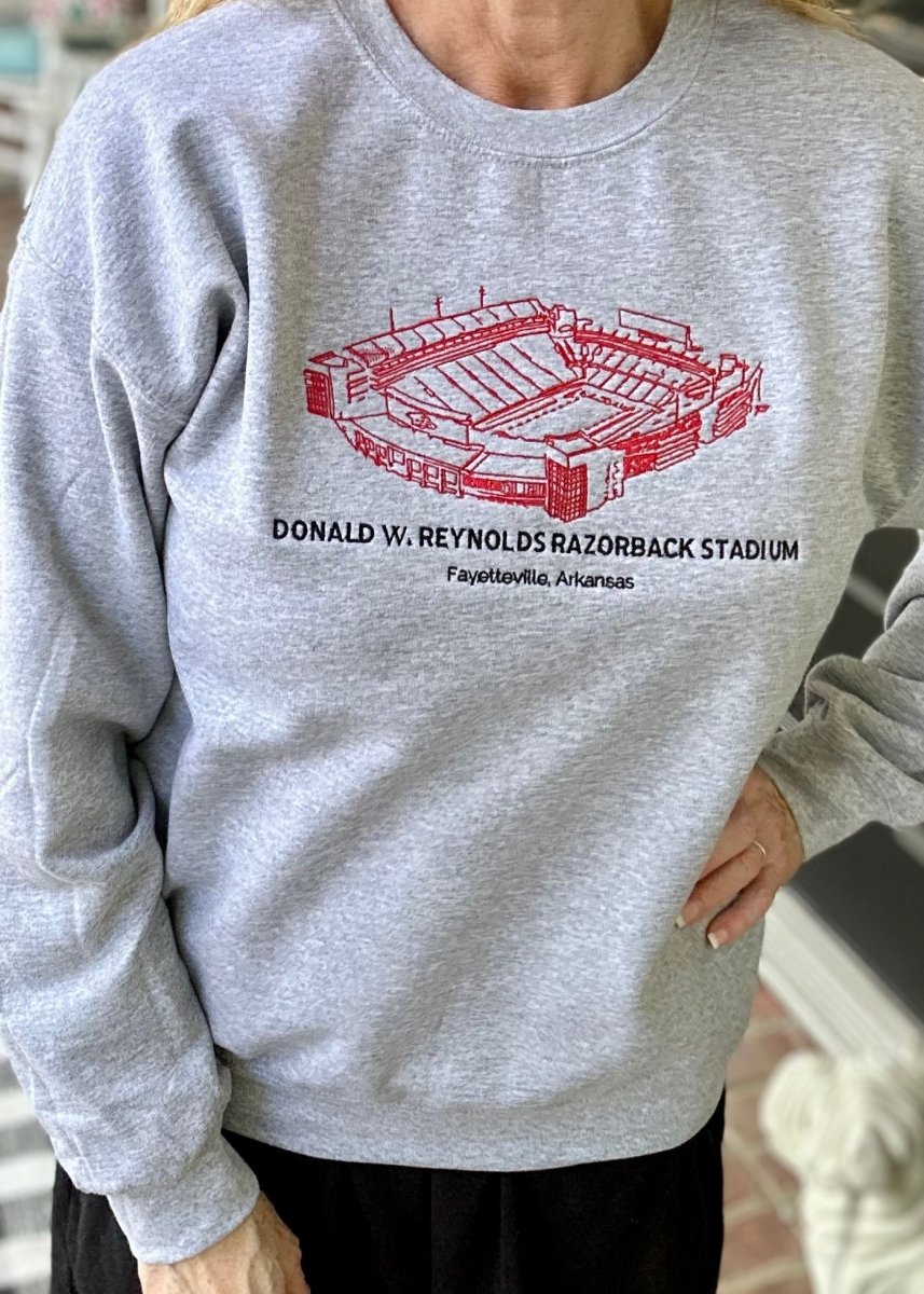 Donald W Reynolds Stadium | Arkansas Razorbacks | Embroidered Sweatshirt | Sport Grey | Olive Branch | MS - Graphic Sweatshirt -Jimberly's Boutique-Olive Branch-Mississippi
