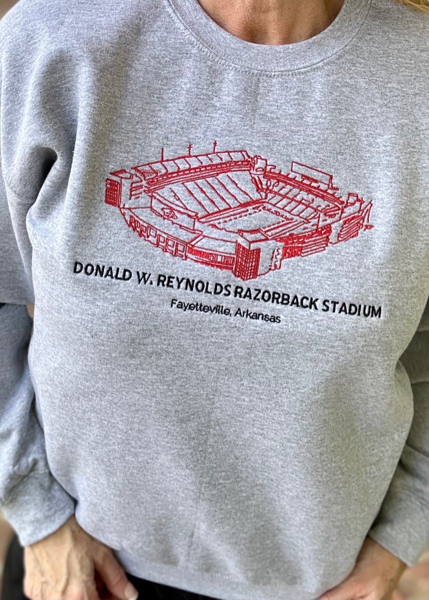 Donald W Reynolds Stadium | Arkansas Razorbacks | Embroidered Sweatshirt | Sport Grey | Olive Branch | MS - Graphic Sweatshirt -Jimberly's Boutique-Olive Branch-Mississippi