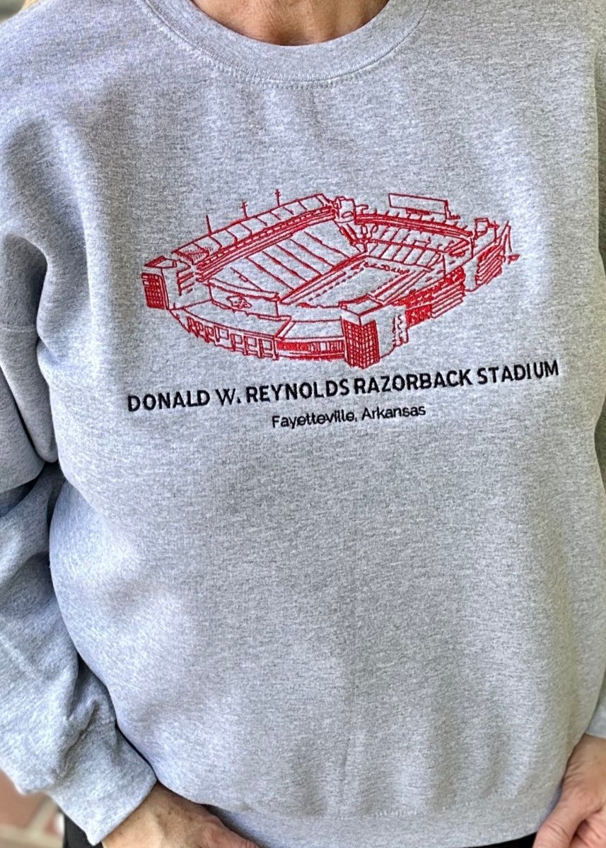 Donald W Reynolds Stadium | Arkansas Razorbacks | Embroidered Sweatshirt | Sport Grey | Olive Branch | MS - Graphic Sweatshirt -Jimberly's Boutique-Olive Branch-Mississippi