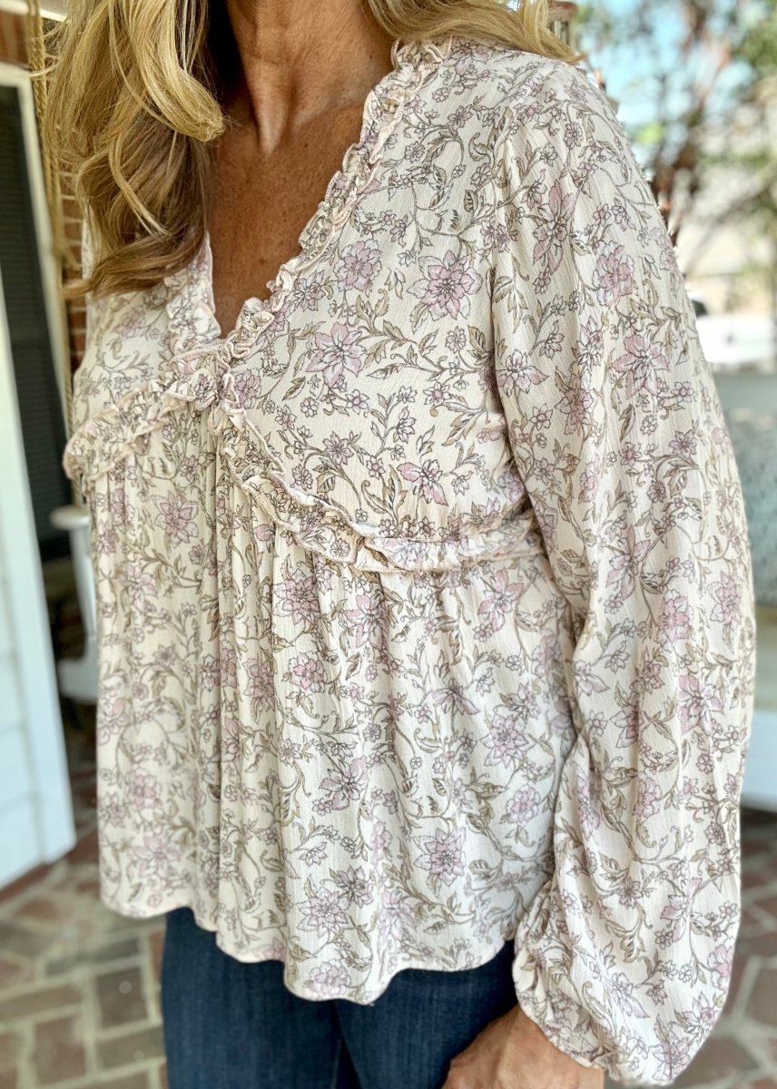 Easel Floral Printed Long Sleeve Top - Natural - Shirts & Tops - Jimberly's Boutique