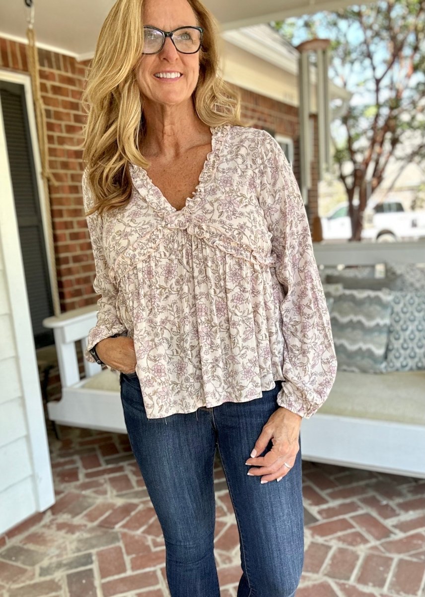 Easel Floral Printed Long Sleeve Top - Natural - Shirts & Tops - Jimberly's Boutique
