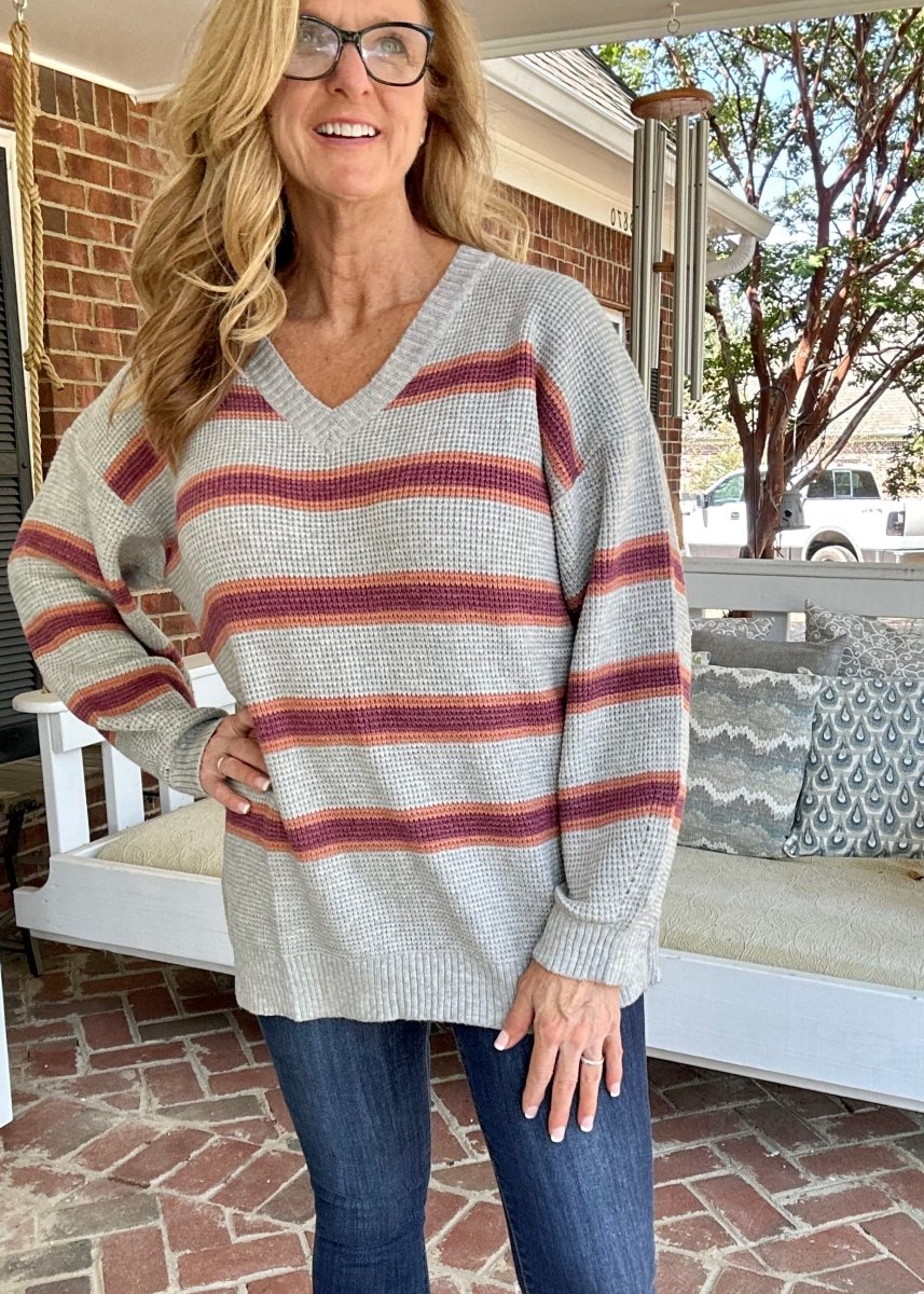 Easel | Striped | V Neck | Loose Fit | Sweater - sweater - Jimberly's Boutique